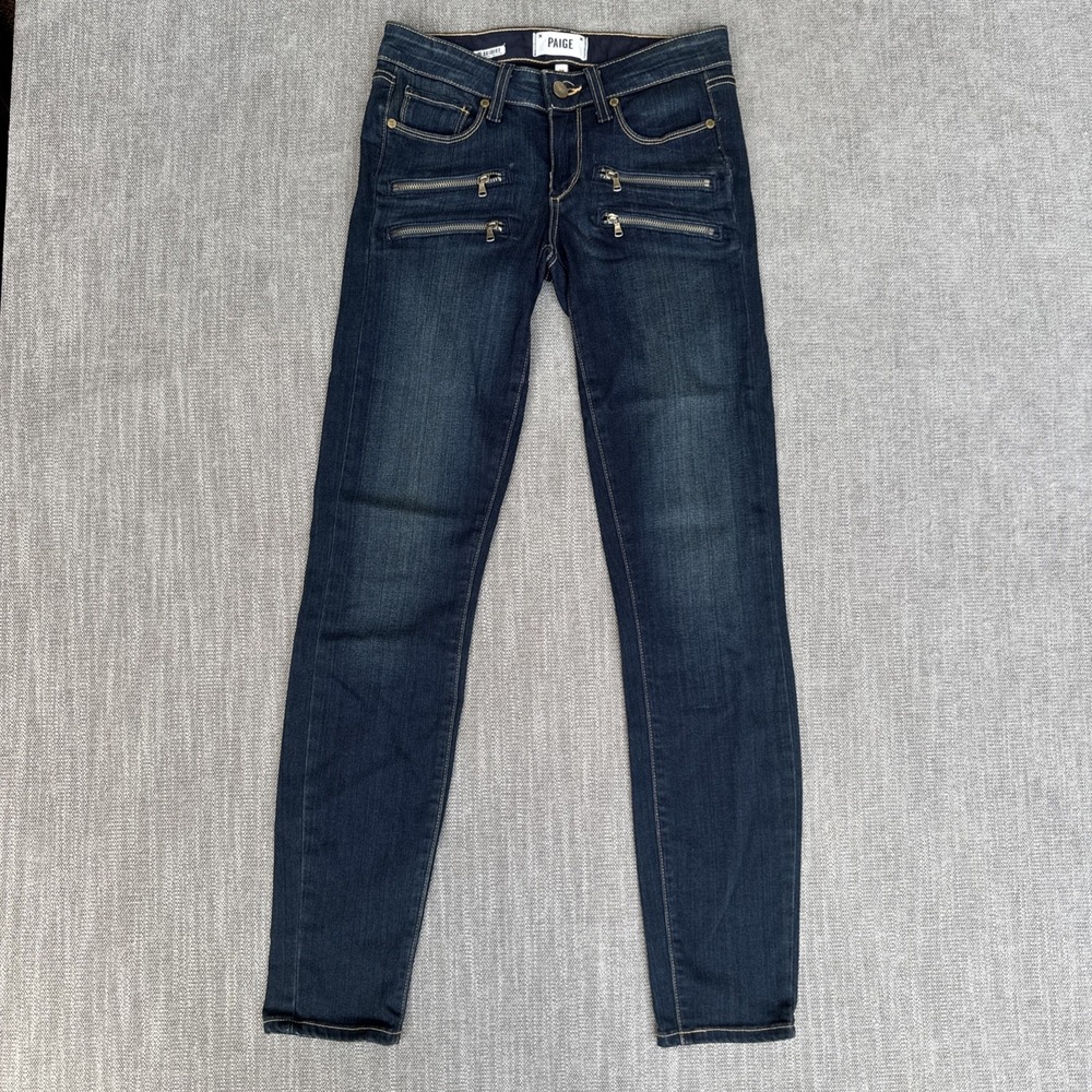 PAIGE Skinny Jeans Womens 24 Blue Denim Dark Wash Moto Zipper Pocket Stretch